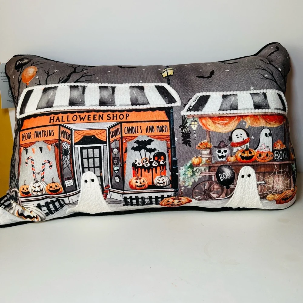 Halloween Sweet Shop Textured Throw Pillow Ghosts Candy Cake Pumpkins Party